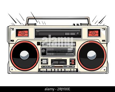 lettore musicale portatile a cassette anni '80, boombox con illustrazione vettoriale Illustrazione Vettoriale