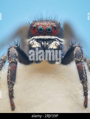 Ritratto di un ragno saltato maschile con testa nera circondata da una sottile fascia bianca e capelli rossi intorno agli occhi anteriori (Pellenes tripunctatus) Foto Stock