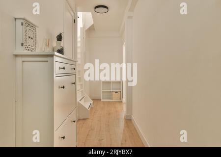 a long narrow room with white walls and wood flooring on the right side, there is an open door leading to another room Stock Photo