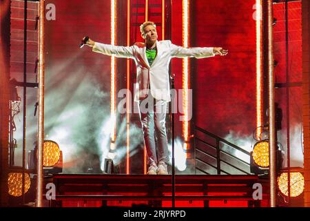 22 agosto 2023, Chula Vista, California, USA: Simon le Bon della rock band inglese Duran Duran si esibisce dal vivo in concerto al North Island Credit Union Amphitheater di Chula Vista. (Immagine di credito: © K.C. Alfred/ZUMA Press Wire) SOLO USO EDITORIALE! Non per USO commerciale! Foto Stock