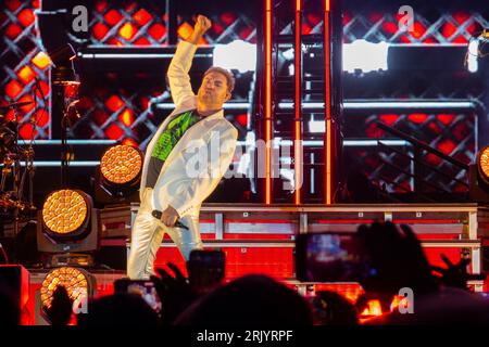 22 agosto 2023, Chula Vista, California, USA: Simon le Bon della rock band inglese Duran Duran si esibisce dal vivo in concerto al North Island Credit Union Amphitheater di Chula Vista. (Immagine di credito: © K.C. Alfred/ZUMA Press Wire) SOLO USO EDITORIALE! Non per USO commerciale! Foto Stock