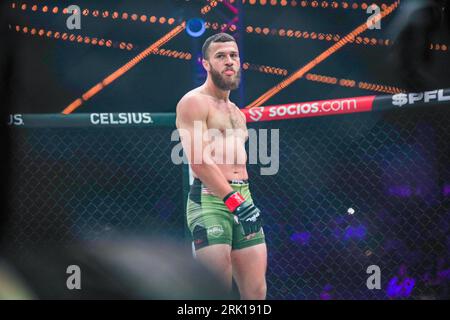 New York, USA. August 23, 2023, New York City, NY, New York, USA: NEW YORK New York City, NY, NEW YORK - August 23: (L-R) John Caldone gets the win in the PFL Play-Offs in NYC in August. New York City, New York, United States. (Credit Image: © Matt Davies/PX Imagens via ZUMA Press Wire) EDITORIAL USAGE ONLY! Not for Commercial USAGE! Credit: ZUMA Press, Inc./Alamy Live News Stock Photo