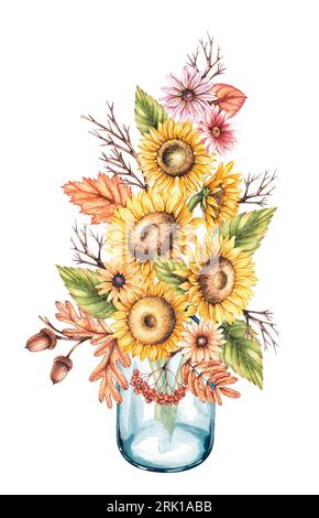 Composizione autunnale acquerello con fiori di girasole autunnali in un vaso di vetro isolato su sfondo bianco. Fiori disegnati a mano, foglie appassite per desi Foto Stock