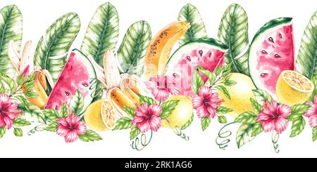 Motivo orizzontale tropicale acquerello. Modello senza cuciture con frutta e fiori di ibisco. Modello senza cuciture per il design di tessuti, prodotti, tessuti Foto Stock