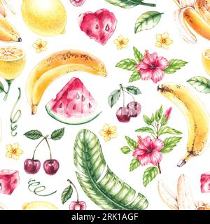 Motivo tropicale acquerello. Pattern senza cuciture con frutta. Modello senza cuciture per il design di tessuti, prodotti, tessuti, stoviglie Foto Stock