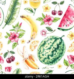 Motivo tropicale acquerello. Pattern senza cuciture con frutta. Modello senza cuciture per il design di tessuti, prodotti, tessuti, stoviglie Foto Stock
