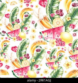 Motivo tropicale acquerello. Pattern senza cuciture con frutta. Modello senza cuciture per il design di tessuti, prodotti, tessuti, stoviglie Foto Stock