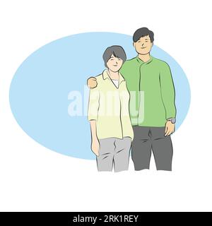 giovane uomo che abbraccia una donna con illustrazione dello spazio copia blu disegnata a mano isolata su sfondo bianco Illustrazione Vettoriale