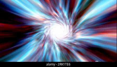 Tunnel multicolore con velocità di rotazione tunnel spaziale fatto di energia vorticosa e tortuosa magia linee luminose luminose e sfondo astratto. Foto Stock