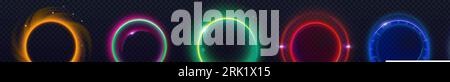 Colorful circular light flare effects isolated on transparent background. Vector realistic illustration of neon rings glowing, sparkling with shimmering particles and smoke, space halo, energy vortex Illustrazione Vettoriale