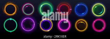 Colorful circular light flare effects isolated on transparent background. Vector realistic illustration of neon rings glowing, sparkling with shimmering particles and smoke, space halo, energy vortex Illustrazione Vettoriale