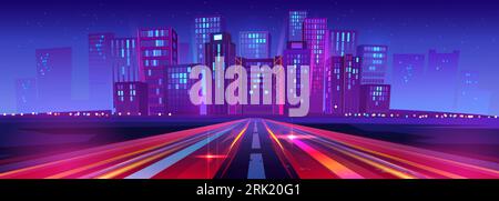 Road with high-speed lights leads to city with multi-storey buildings against clear starry sky. Futuristic cityscape with buildings, neon glow, highway with motion effect. Cartoon vector illustration. Stock Vector