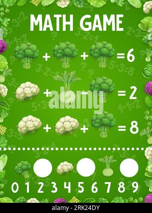 Foglio di lavoro del gioco di matematica, broccoli dei cartoni animati, cavolo rapa e cavolfiore verdure, quiz di matematica vettoriale. Foglio di lavoro puzzle per giochi matematici per bambini per addit Illustrazione Vettoriale