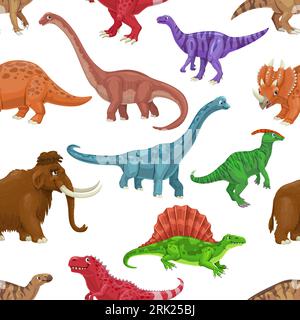 I personaggi dei dinosauri dei cartoni animati sono un motivo senza cuciture. Sfondo vettoriale tessile, stampa di tessuto con Tarbosaurus, Dimetrodon, Parasaurolophus e Centrosaurus, PL Illustrazione Vettoriale