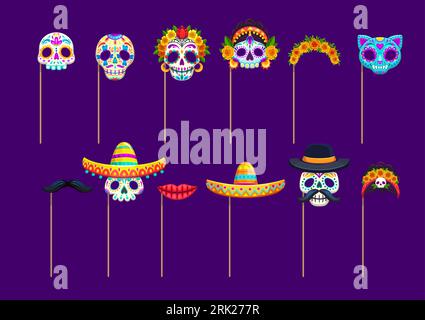 Mexican dead day photo booth masks with props. Dia de los muertos holiday sugar and animal skull, sombrero, moustaches, catrin and lips masks. Vector Illustrazione Vettoriale