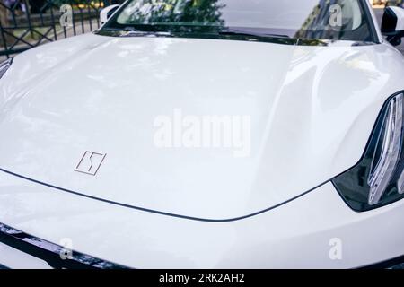 Almaty, Kazakhstan - August 17, 2023: Front emblem on the hood of the Zeekr 001 electric car. Chinese car manufacturing company Stock Photo