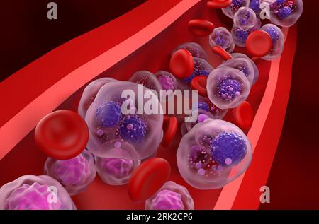 Multiple myeloma (MM) cells in the blood flow - closeup view 3d illustration Stock Photo