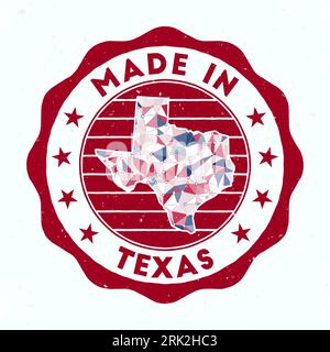 Prodotto in Texas. Francobollo rotondo dello stato AMERICANO. Sigillo del Texas con forma di bordo. Badge vintage con testo circolare e stelle. Illustrazione vettoriale. Illustrazione Vettoriale