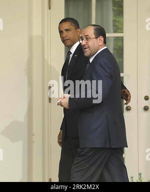 Bildnummer: 53220478 Datum: 22.07.2009 Copyright: imago/Xinhua (090722) - WASHINGTON, 22 luglio 2009 (Xinhua) - il presidente degli Stati Uniti Barack Obama (L) e il primo ministro iracheno Nouri al-Maliki lasciano dopo una conferenza stampa congiunta a Washington, DC, 22 luglio 2009. Obama ha incontrato Maliki qui mercoledì, il primo tra le due parti da quando le truppe statunitensi si sono ritirate dalle città irachene alla fine di giugno. (Xinhua/Zhang Yan) (2)US-IRAQ-OBAMA-MALIKI-CONFERENZA STAMPA PUBLICATIONxNOTxINxCHN People Politik kbdig xkg 2009 hoch o0 USA, Premierminister, Pressekonferenz, Pressetermin Bildnummer 53220478 Data 22 07 2 Foto Stock