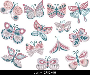 Collezione di farfalle disegnate a mano decorate con fiori ed erbe Illustrazione Vettoriale