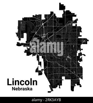 Mappa della città di Lincoln, capitale dello stato USA del Nebraska. Confini amministrativi comunali, mappa dell'area in bianco e nero con fiumi e strade, parchi e ra Illustrazione Vettoriale