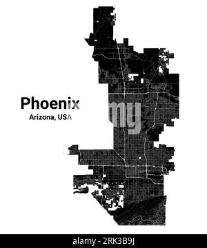 Phoenix city map, capital of the USA state of Arizona. Municipal administrative borders, black and white area map with rivers and roads, parks and rai Stock Vector