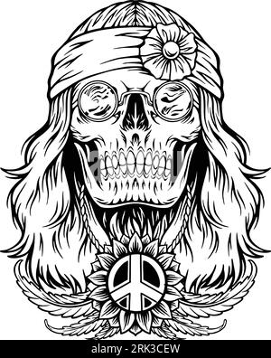 Psychedelic hippie skull head groovy vibes Illustration monochrome vector illustrations for your work logo, merchandise t-shirt, stickers and label de Stock Vector