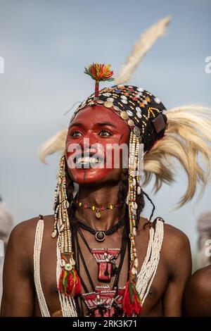 Il loro abito decorato include abiti in tessuto scuro, tatuaggi facciali, grandi anelli sulle orecchie, acconciature voluminose e gioielli appariscenti. Niger, Africa: Foto Stock