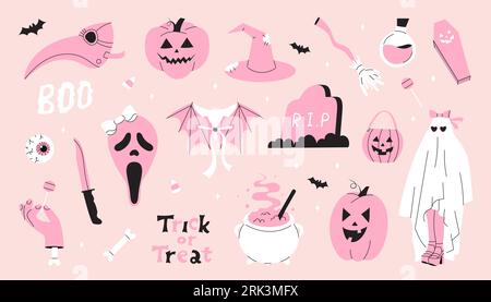 Set rosa di elementi diversi per Halloween. Illustrazione Vettoriale