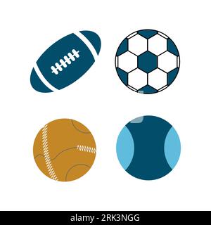 Set di palline sportive. VARI PALLONI SPORTIVI GRAFICA VETTORIALE. Pallavolo, calcio, tennis e pallamano. Illustrazione Vettoriale