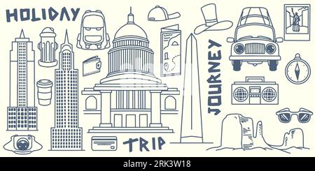 Disegnare a mano elementi di viaggio per gli scarabocchi viaggio in america con attrezzature turistiche, torre, grattacieli, auto, museo Liberty, bussola isolata su fondo bianco Illustrazione Vettoriale