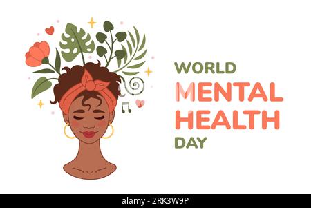 Banner giornata mondiale della salute mentale, cartolina con donna africana che accetta, ama se stessa e testo. Illustrazione vettoriale per festività internazionali. Stile cartone animato, design piatto. Concetto di salute mentale. Illustrazione Vettoriale