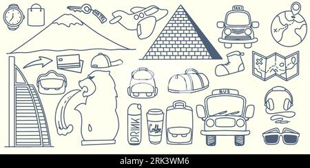 Hand drawing doodle travel elements trip to america with tourist equipment, mountain, pyramid, lion statue, tower, globe, airplane, bus and taxi isola Stock Vector