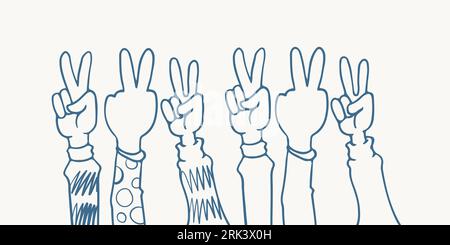 disegnate a mano con sei mani che applaudono il disegno illustrato isolato su sfondo bianco con posa pacifica. Illustrazione Vettoriale