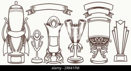 Sei grandi medaglie disegnate a mano isolate su sfondo bianco. Medaglia Doodle e coppa di trofei campioni disegnati a mano premiano gli elementi decorativi. Illustrazione Vettoriale