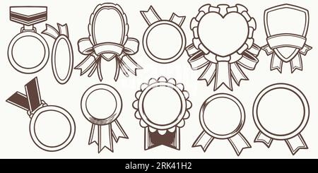 Eleven medals Hand drawn set medal drawing isolated on white background. Doodle medal and champion trophy cup Hand drawn award decorative elements. Illustrazione Vettoriale