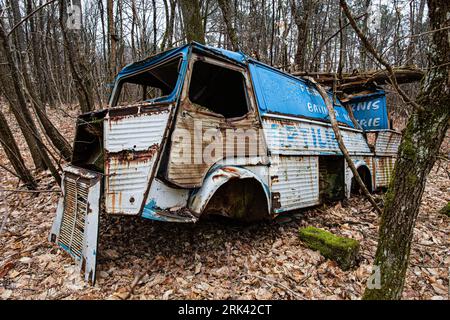 Relitto di furgoni arrugginiti nella foresta Foto Stock