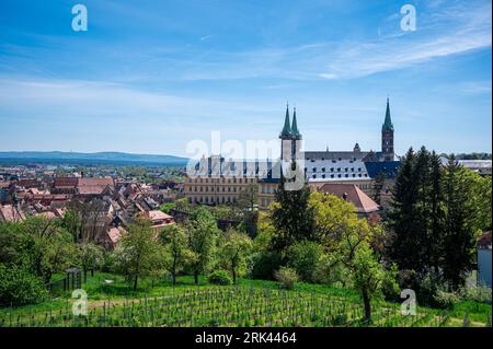 Vista sui vigneti e sulla storica città vecchia di Bamberga, Germania Foto Stock