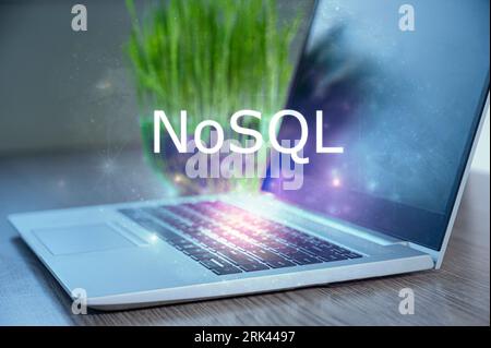 NoSQL inscription against laptop and code background. Learn NoSQL, computer courses, training. Foto Stock