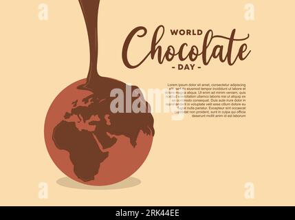 Sfondo disegnato a mano della giornata del cioccolato del mondo felice con terra e testo scritto a mano. Illustrazione Vettoriale