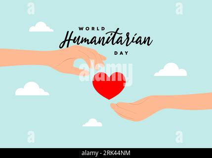 World humanitarian day background with hand give love heart symbol isolated on blue background. Stock Vector