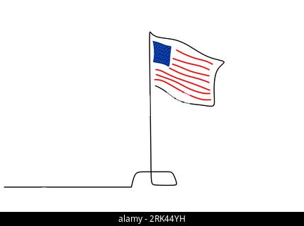 Un disegno continuo a linea singola del giorno dell'indipendenza americana con la bandiera degli stati uniti isolata su sfondo bianco. Illustrazione Vettoriale