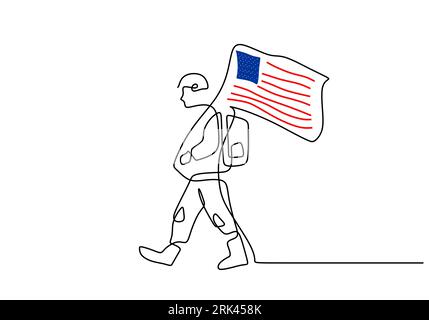 One continuous single line drawing of american independence day with army bring united states flag isolated on white background. Illustrazione Vettoriale
