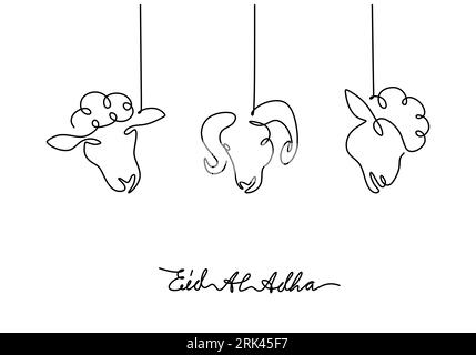 Un disegno manuale continuo a linea singola dello sfondo eid al adha con tre teste di pecore di capra isolate su sfondo bianco. Illustrazione Vettoriale