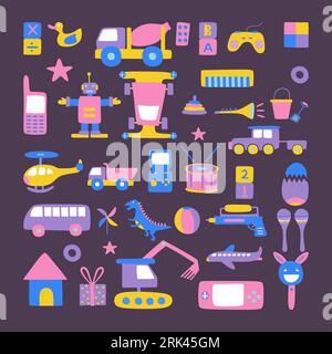 Set di giocattoli per bambini disegnati a mano con console di gioco, anatra, camion, bastone, telefono, robot, pianoforte, tromba, tamburo, dinosauro, retroescavatore, aereo, casa e regalo Illustrazione Vettoriale