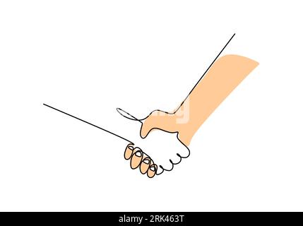 Una singola linea continua di disegno a mano con due mani che scuotono per il giorno dell'amicizia, isolata su sfondo bianco. Illustrazione Vettoriale