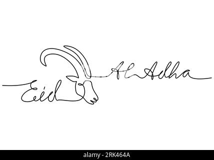 One continuous single line hand drawing of eid al adha background with big goat sheep head isolated on white background. Stock Vector