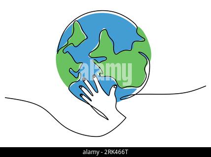 One continuous single line hand drawing of hand hold globe earth isolated on white background. Illustrazione Vettoriale