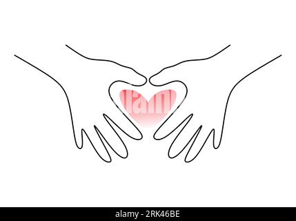 One continuous single line hand drawing of two hands with love symbol isolated on white background. Illustrazione Vettoriale