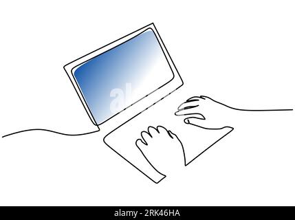 One continuous single line hand drawing of hand typing with laptop isolated on white background. Illustrazione Vettoriale